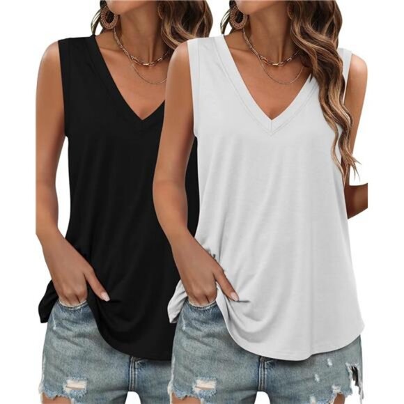 2 Pack Womens Tank Tops Summer V Neck Sleeveless Loose Casual Blouses Beach - Picture 2 of 6